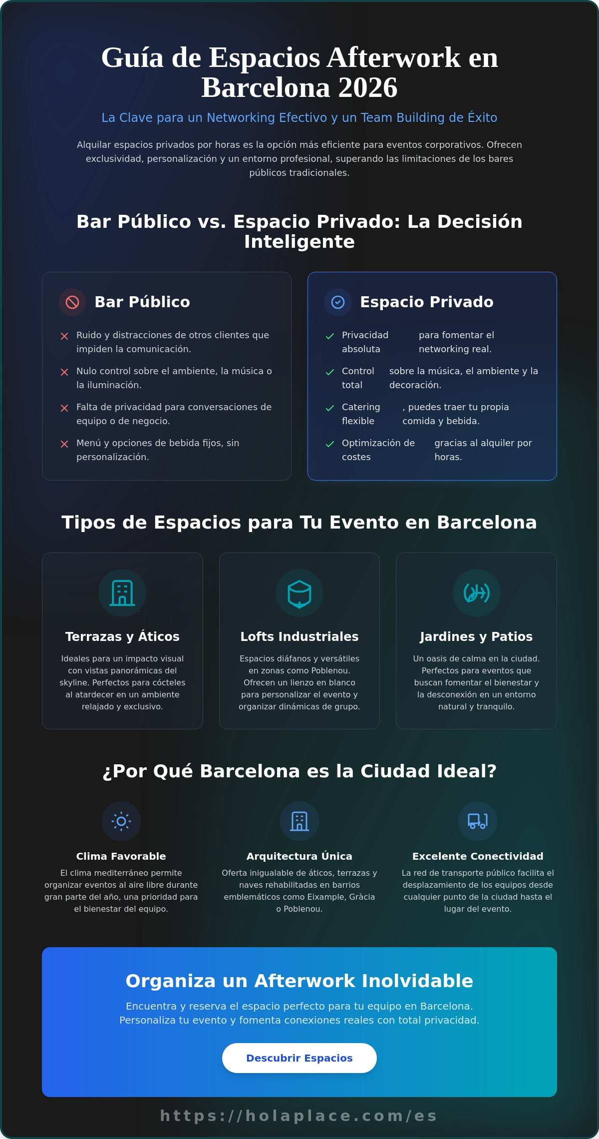 Espacios para afterwork Barcelona: Guía de alquiler 2026